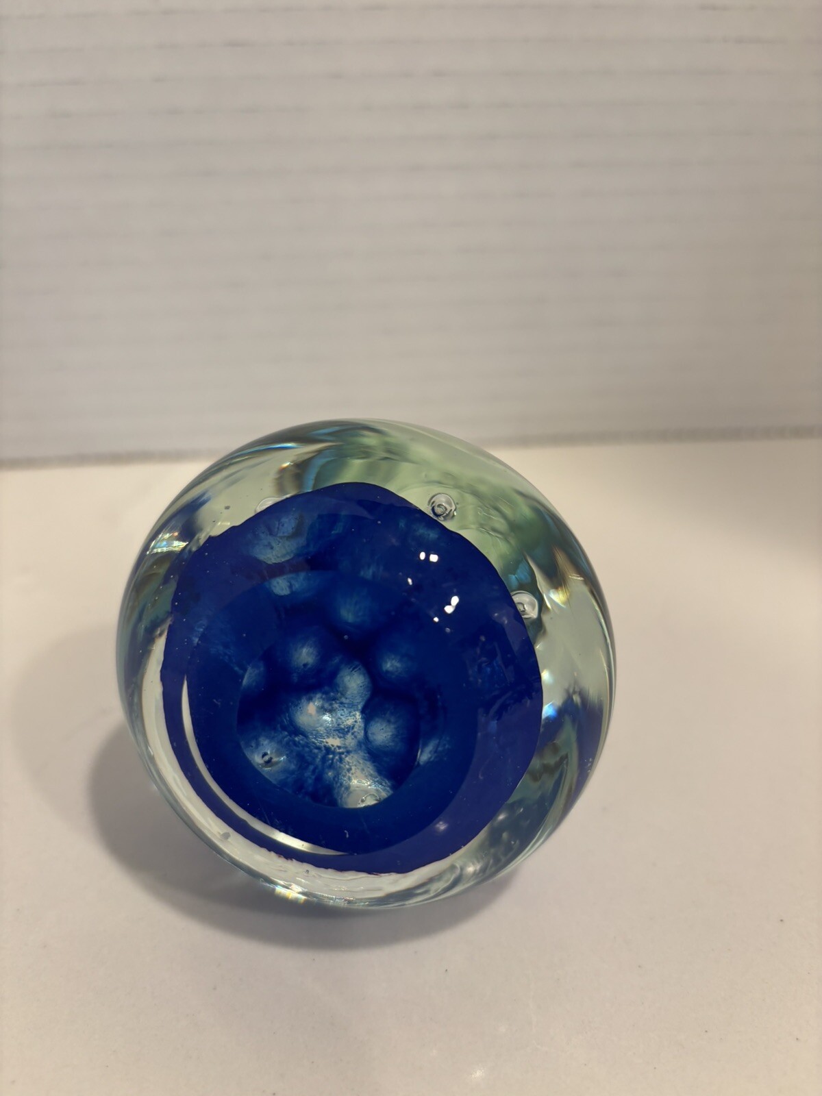 Paper Weight Ring Holder Blue and Clear Controlled Bubbles approx 4 1/2 in Tall