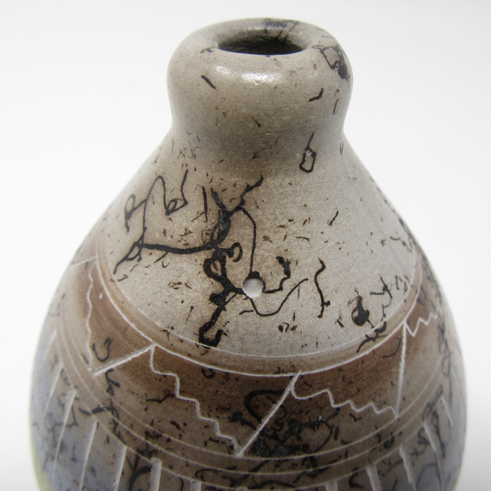 Horsehair Raku Studio Art Pottery Bud Vase 5” Southwest Style Incised Blue Green