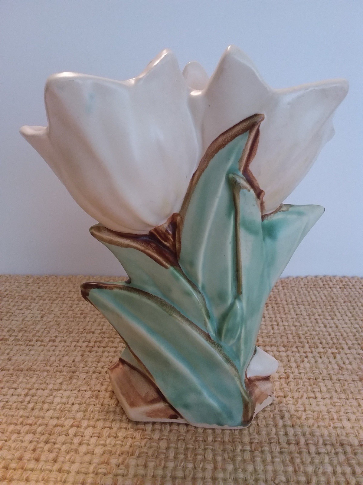 Vintage McCoy creamy white double tulip vase approx 8” H 7” W
