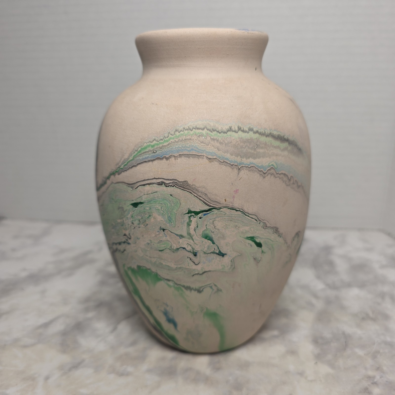 Vintage Nemadji Pottery Blue Green Black Swirl Tall Vase Handmade Clay Art