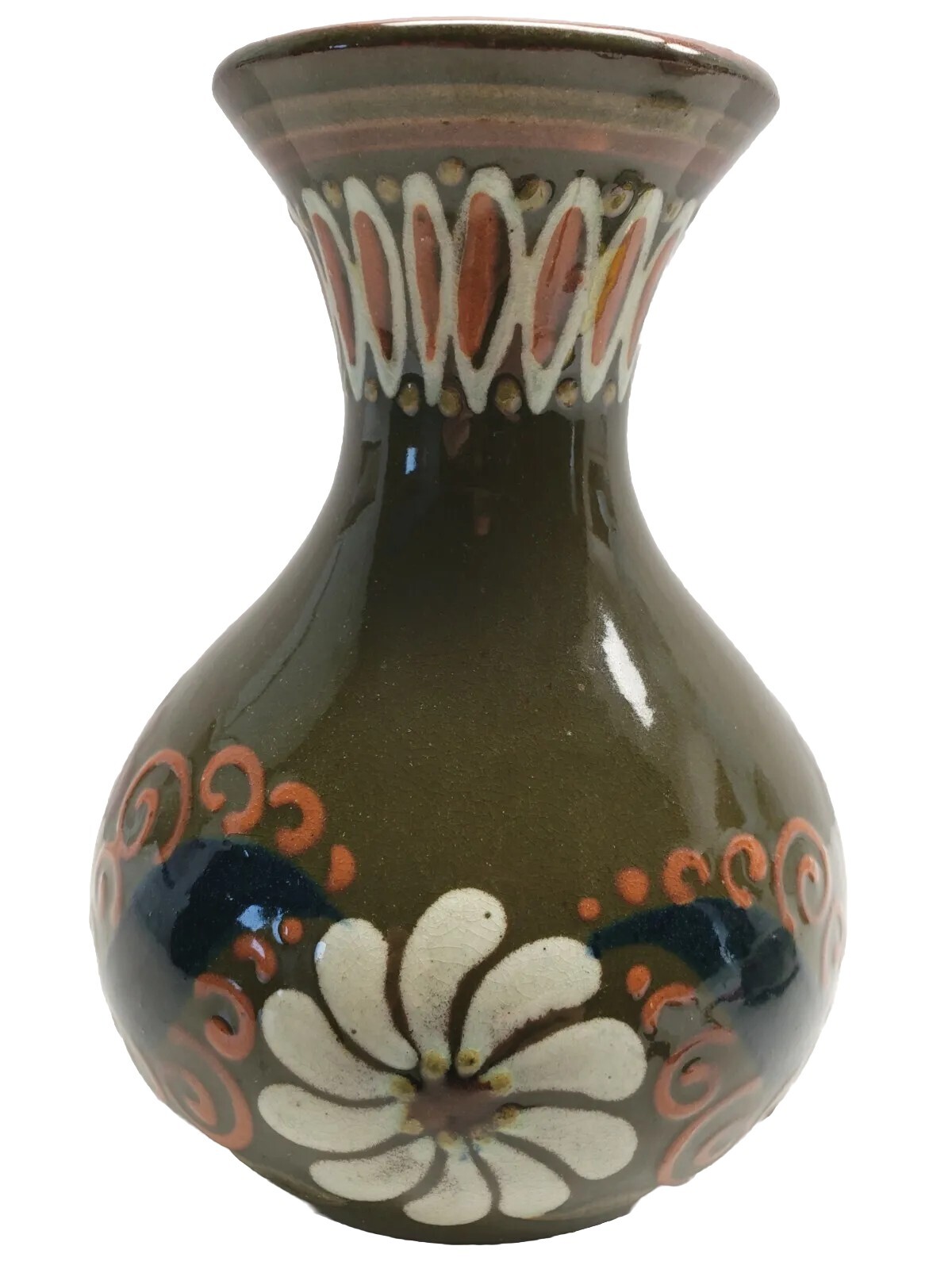 Folk Art Redware Pottery Vase Hand Painted Avocado Floral Design Vtg Boho