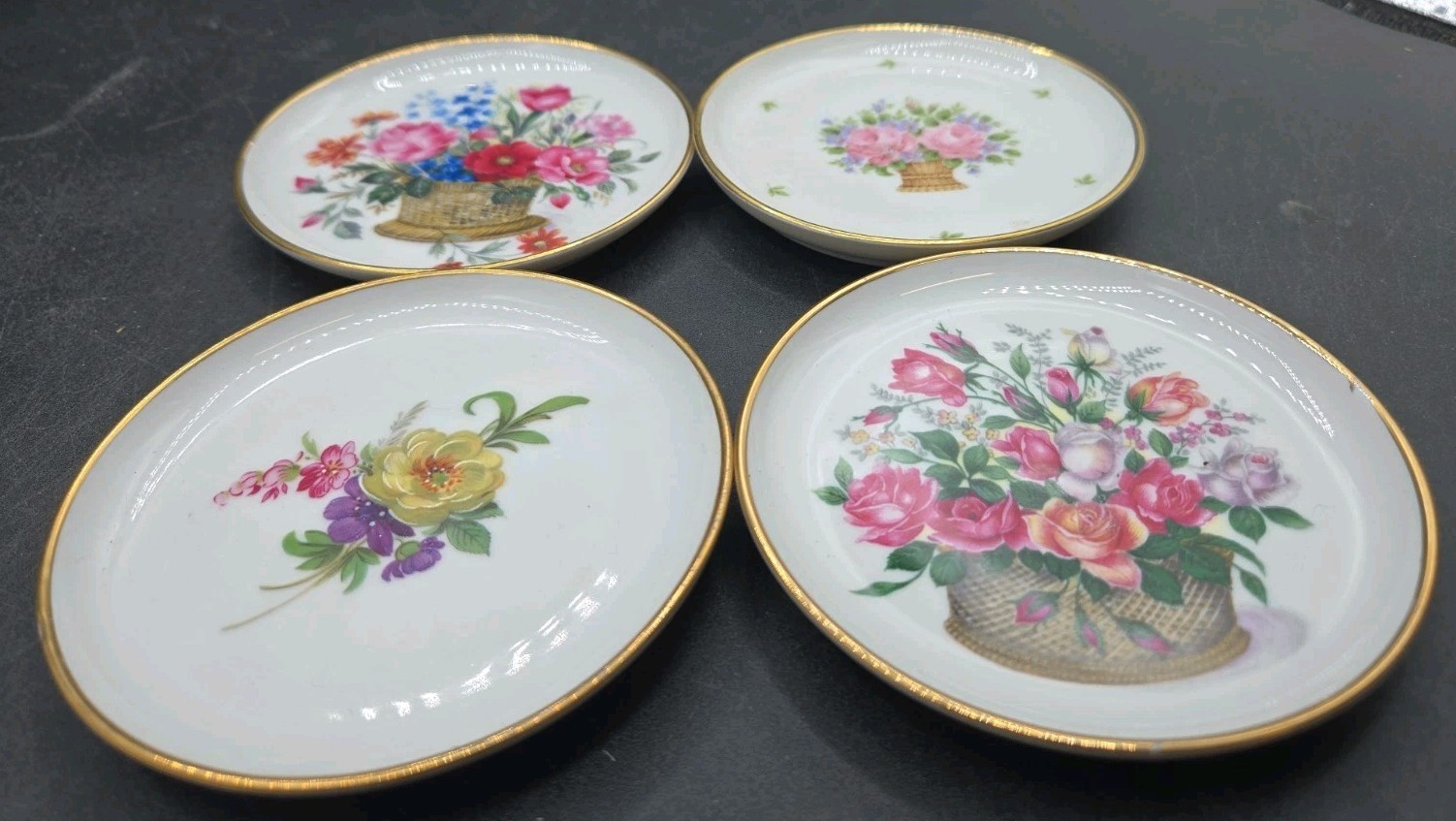 AK Kaiser W Germany Collector Plates Set 4 Porcelain Flowers Floral Gold Rim 4″
