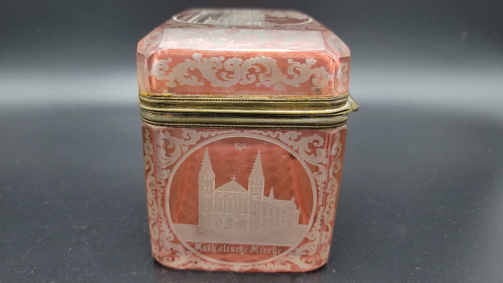 Antique 19th Century Austrian Hinged Lid Red Engraved Glass Trinket Jewelry Box