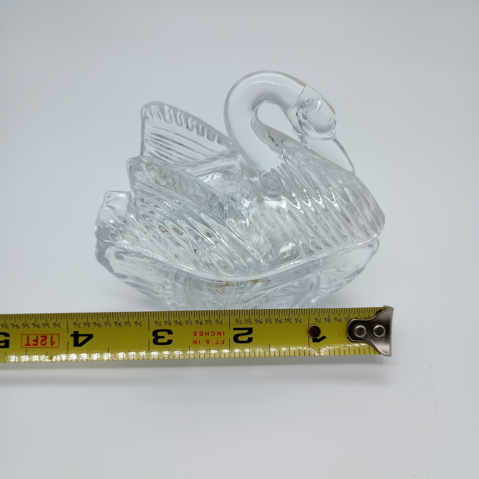 Vintage Clear Pressed Glass Swan Trinket Dish with Lid Jewelry Box Starburst