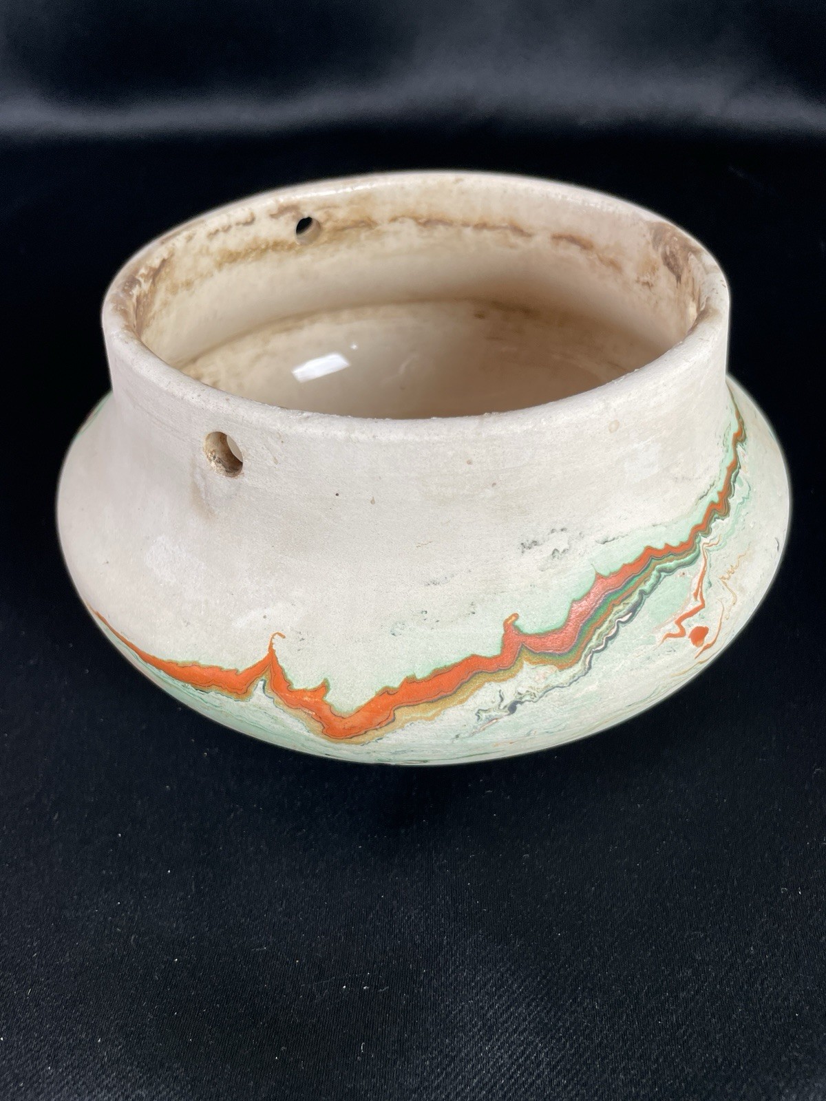 Vintage Nemadji Pottery USA Hanging Planter Pot wit Chain Swirled Orange Green