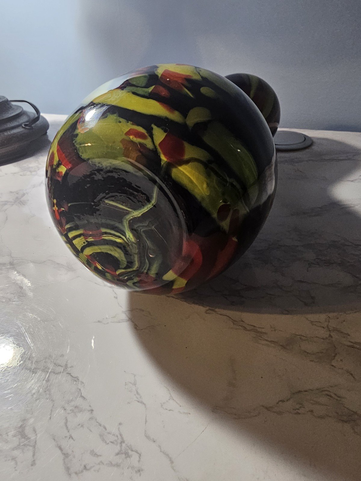 Hand Blown Art Glass Vase Abstract Black Yellow Green Red Swirl Glossy
