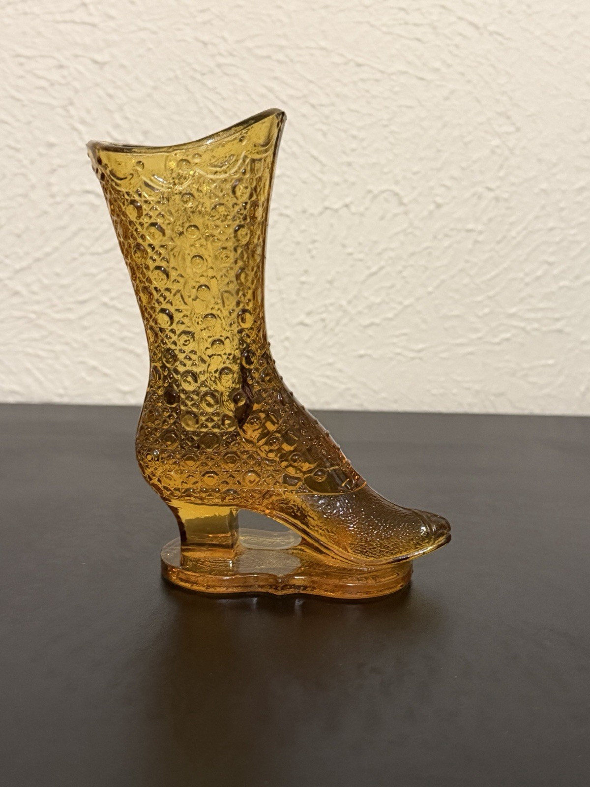 Vintage Fenton Amber Glass Boot Bouquet Flower Holder Daisy Button Design