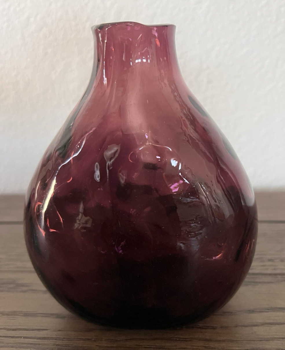Amethyst Hand Blown Optic Art Glass 5.5″ Tall Flask Vessel Vase Ripple Crude MCM