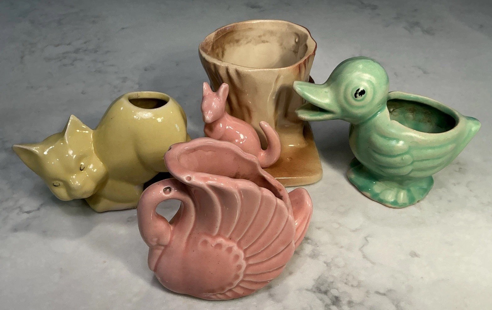 Vtg 1950s MCM Animal Pottery Kangaroo, Cat, Duck & Swan 4 Pcs
