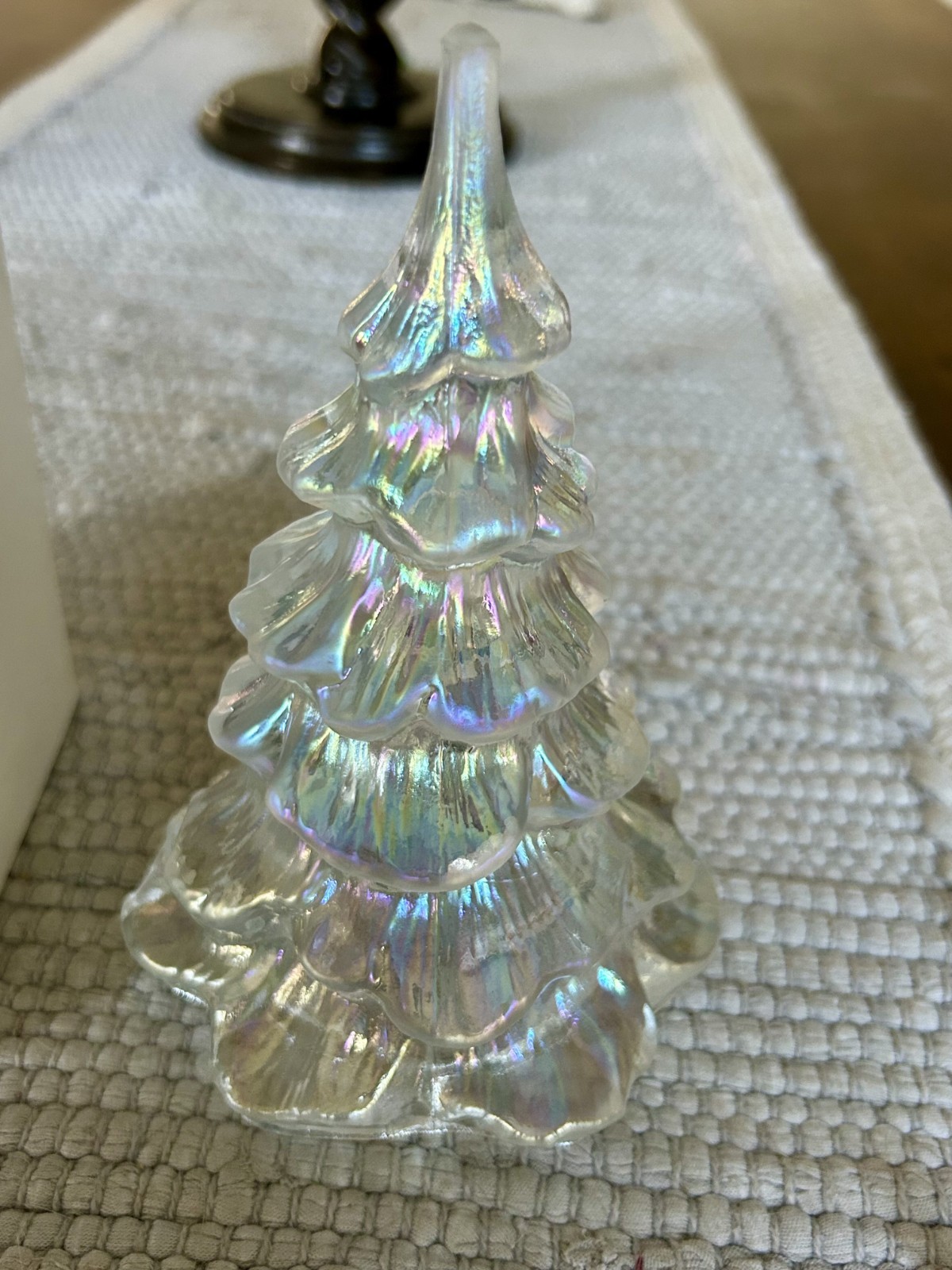 Vintage Fenton Iridescent Silver Christmas Tree & Bird~Glistening Handmade USA