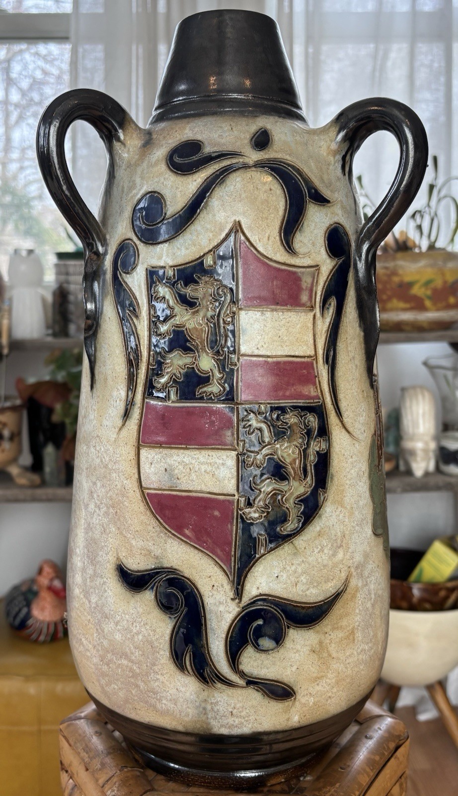Roger Guerin Luxembourg Castle Lion Crest Salt Glaze Stoneware Art Deco Vase EUC