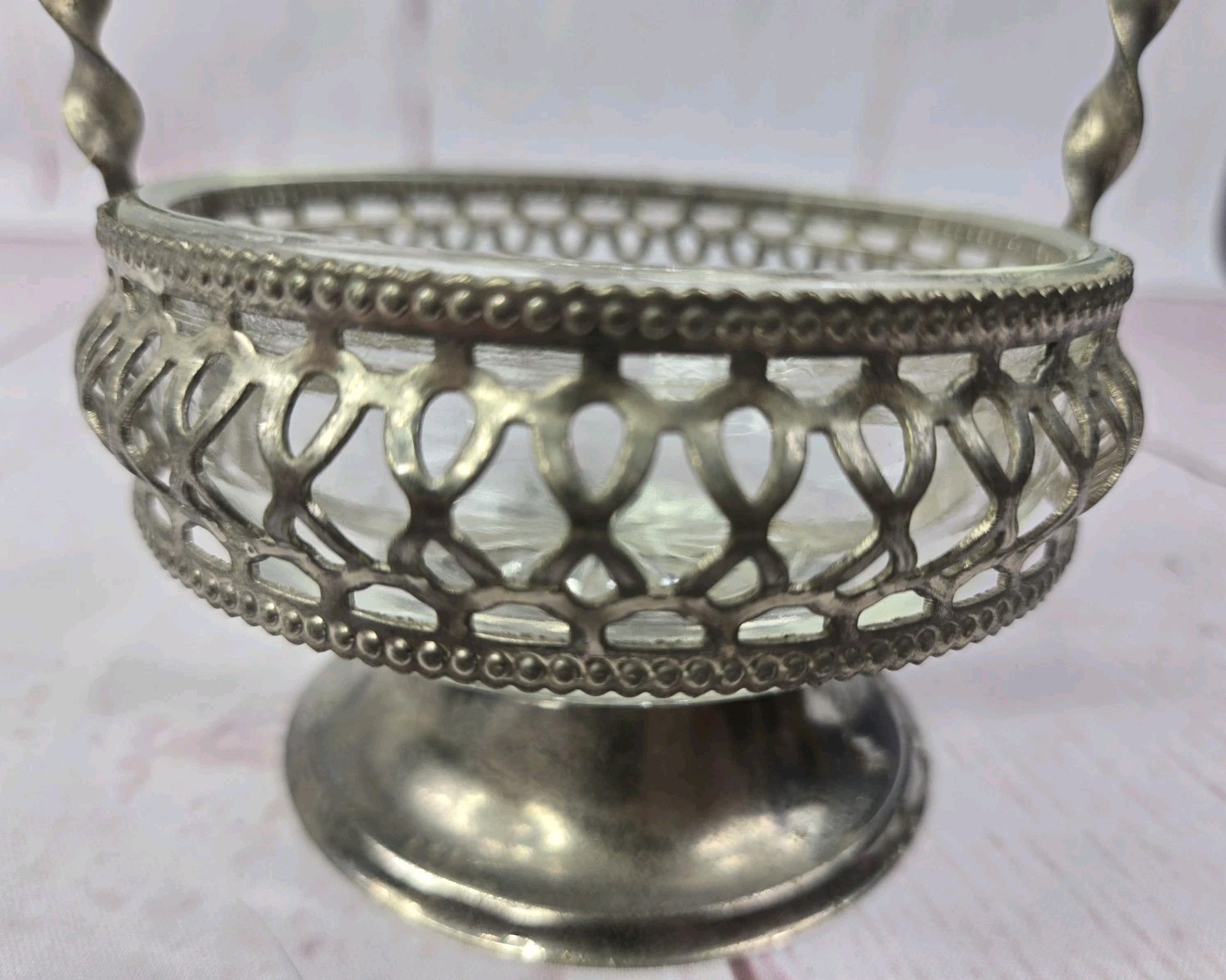 Vtg Hand Blown Candy Nut Silver Plate Glass Bowl Dish Rose Basket Twisted Handle