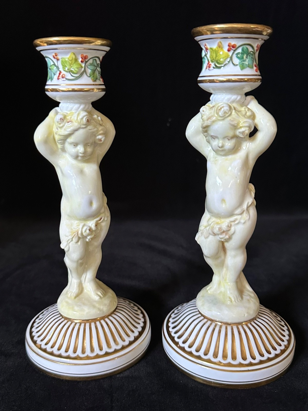 ANTIQUE MINTON PORCELAIN Compote Candlesticks Set Putti Gilt Collamore Co. с1895
