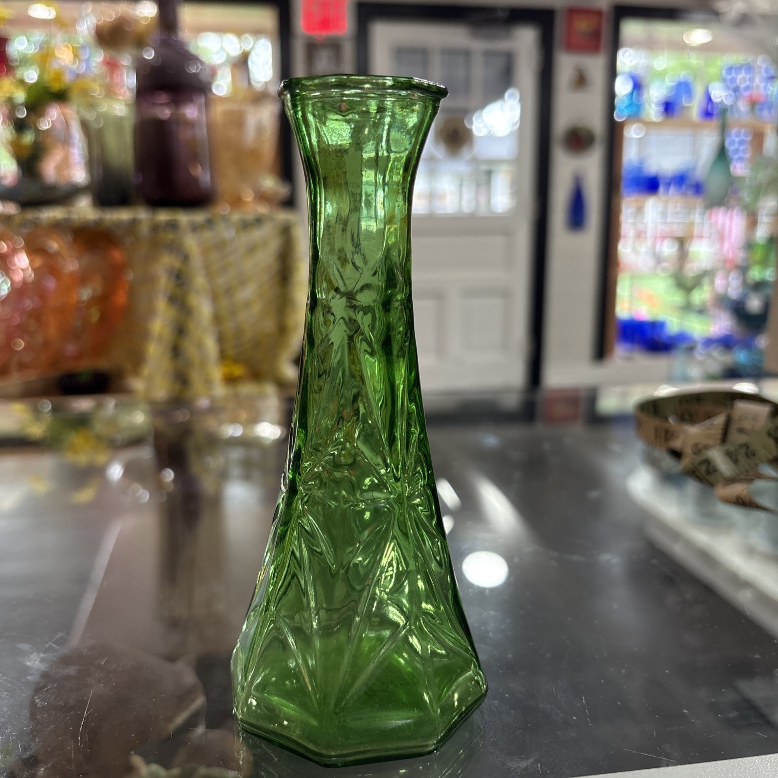 Hoosier Glass Green Star Pattern Bud Vase 4063-B