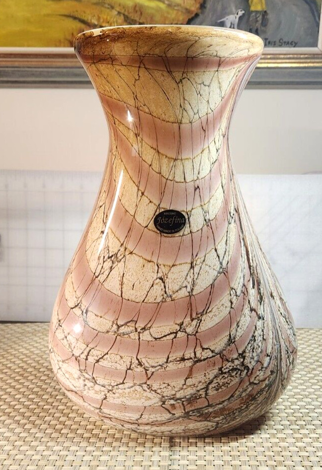 Jozefina Krosno Large Heavy Vase 12″ Poland Tall Pink Marble Art Glass Vintage