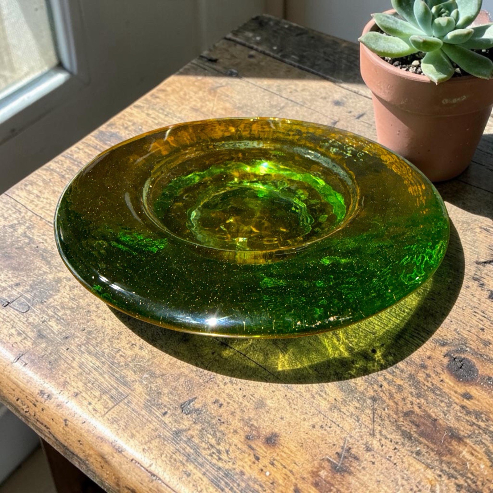 Fire & Light Celery Green Recycled Glass Pillar Candle Holder MCM Style USA