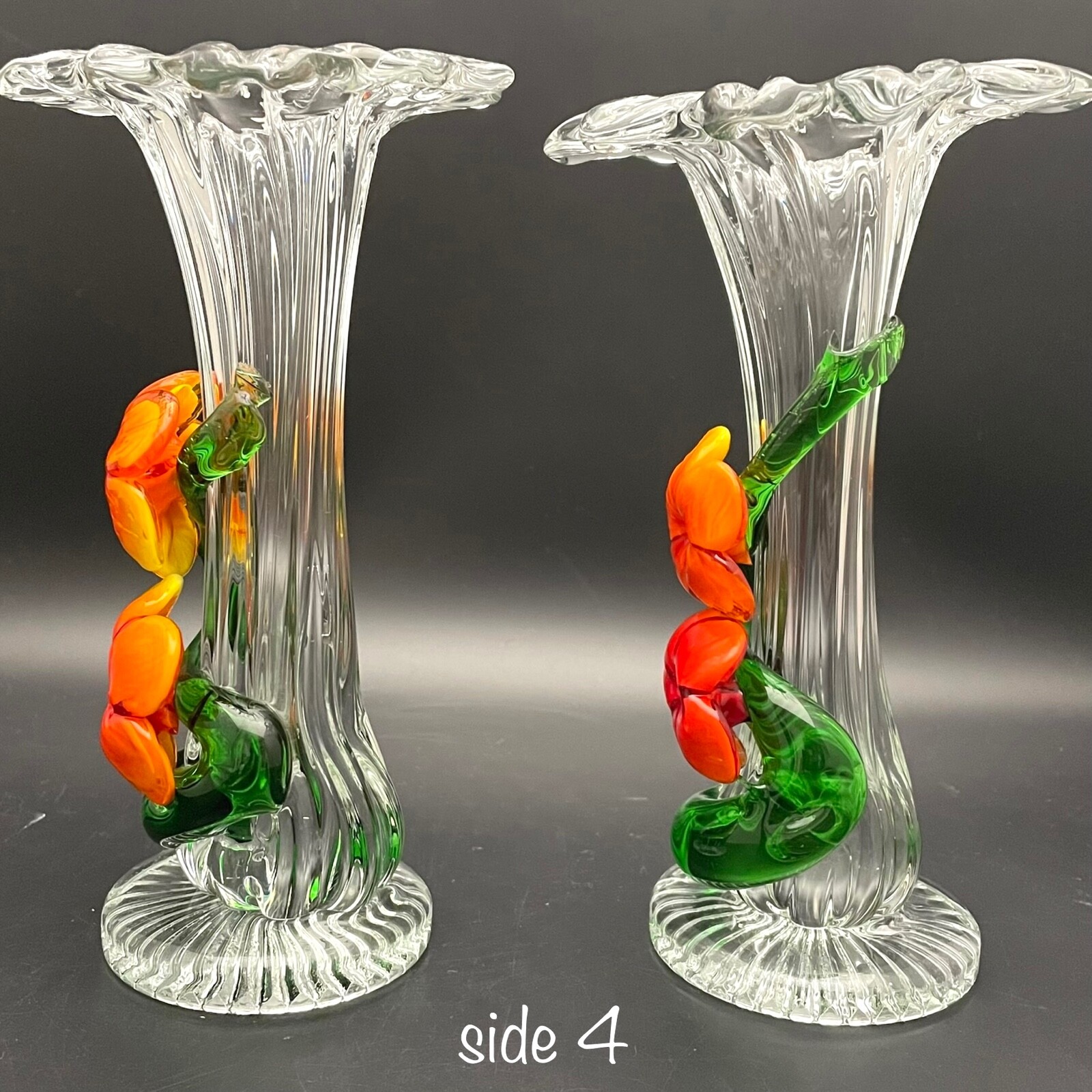 Art Glass Ruffled 2pc Handcrafted Vase Set w/Applied Flowers c1960s Italy 7.25″t