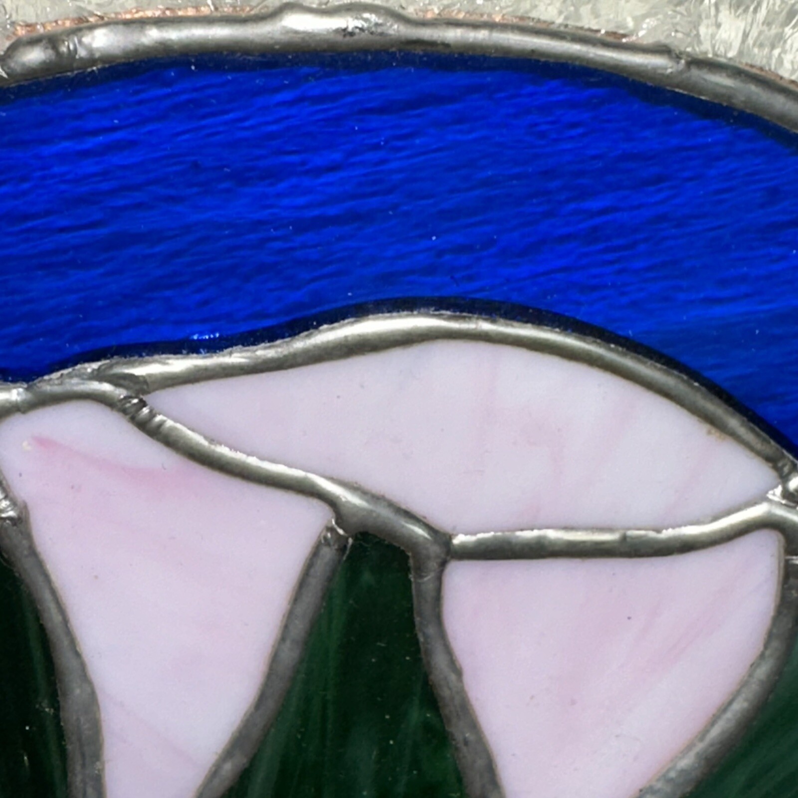 Vintage 14” Round Stained Glass Copper Foil Panel Flower Pink Green Home Decor