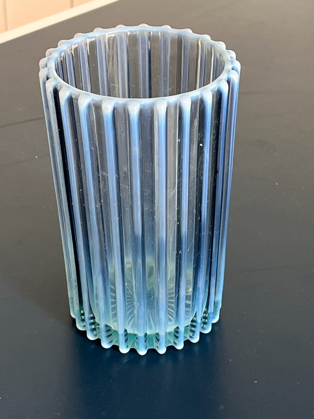 RARE ANTIQUE BLUE OPALESCENT GLASS AJ BEATTY RIB CELERY VASE 6.5″ TALL