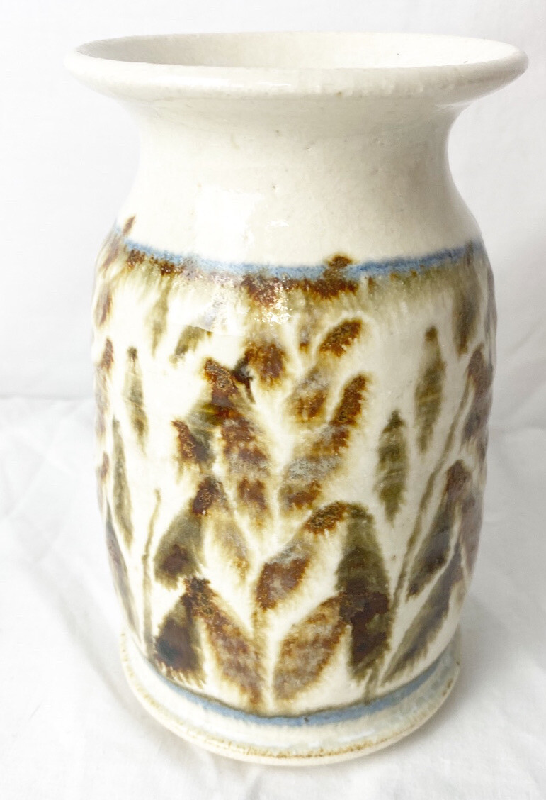 Stoneware Vase Blue Brown Cream 6 1/2 In Tall Wheat Design No Chips/cracks GUC