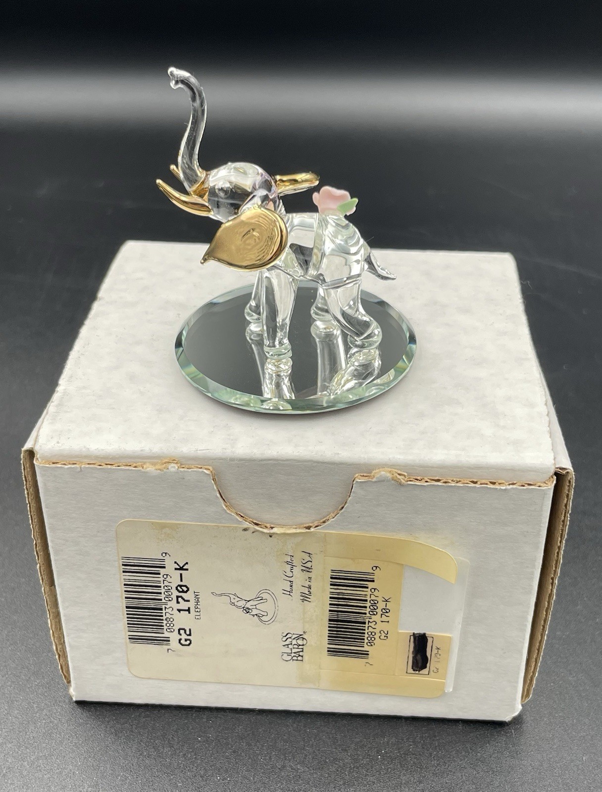 Glass Baron Elephant Trunk Up Pink Flower Miniature Figurine W/ Box