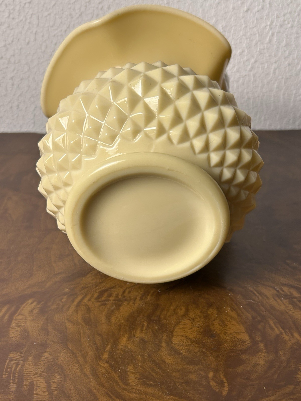 Yellow Diamond Point Milk Glass Basket w/Fluted Top & White Twisted Handle VTG