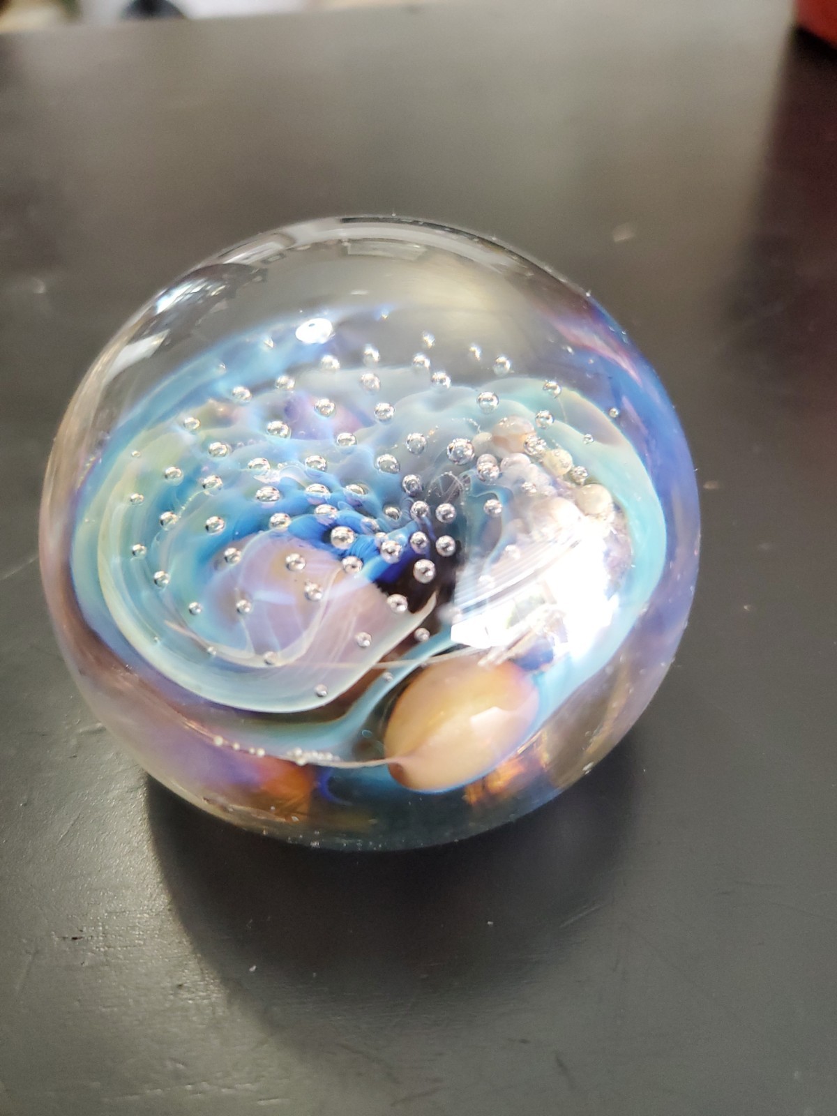 Vintage Seegers Fein Art Glass Small Blue Green Abstract Paperweight Signed 1993
