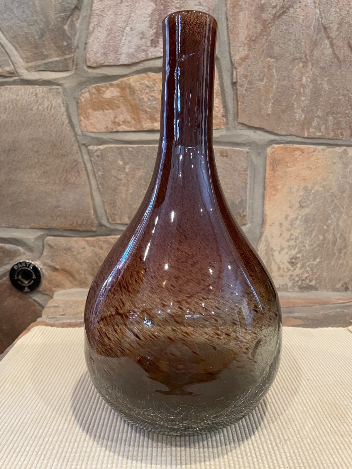 Slightly Used 13″ Murano Crackle Art Glass Hand Blown Glass Vase Brown Speckles