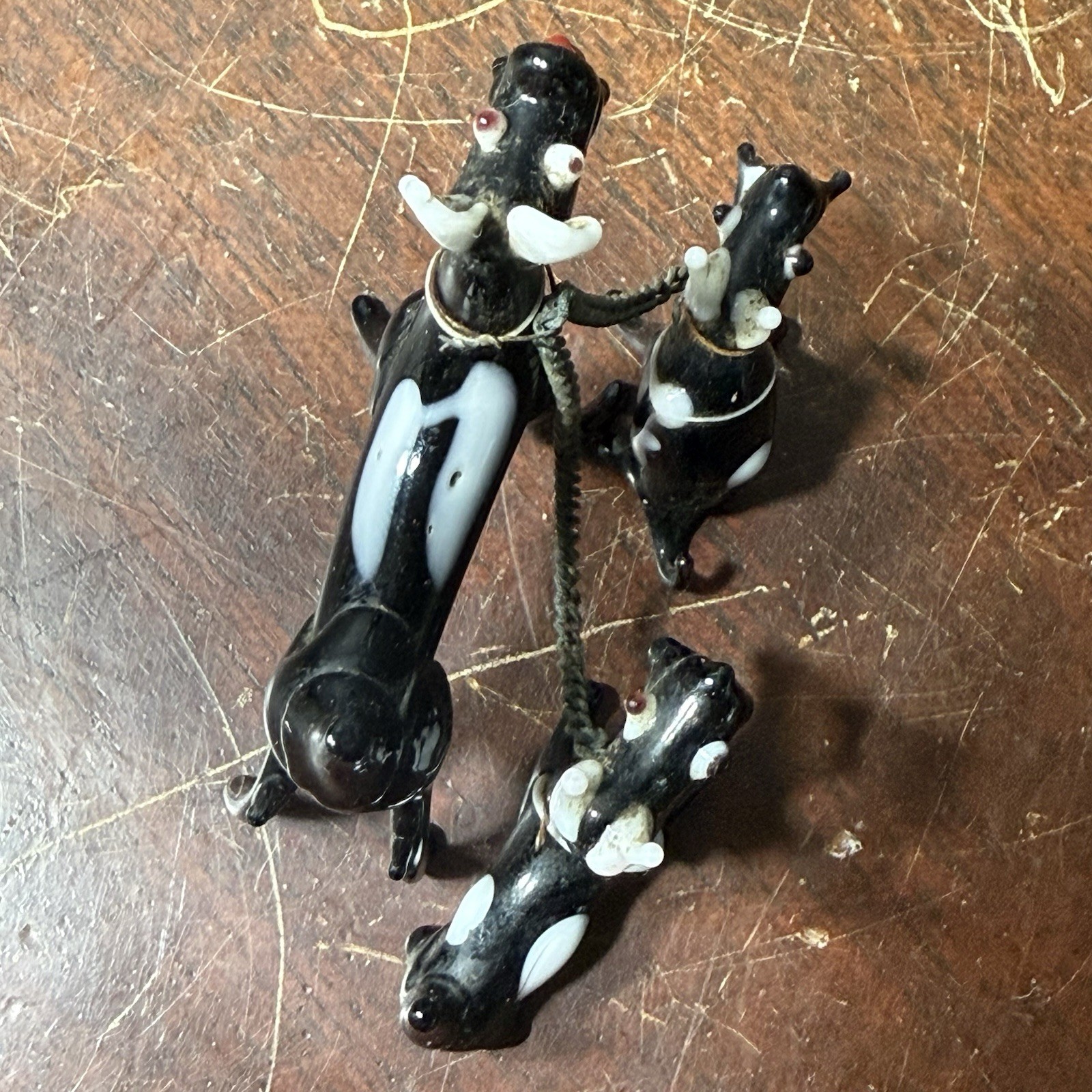 Vintage Miniature Black White Lampwork Glass Puppy Dog Figurine 3 Chained