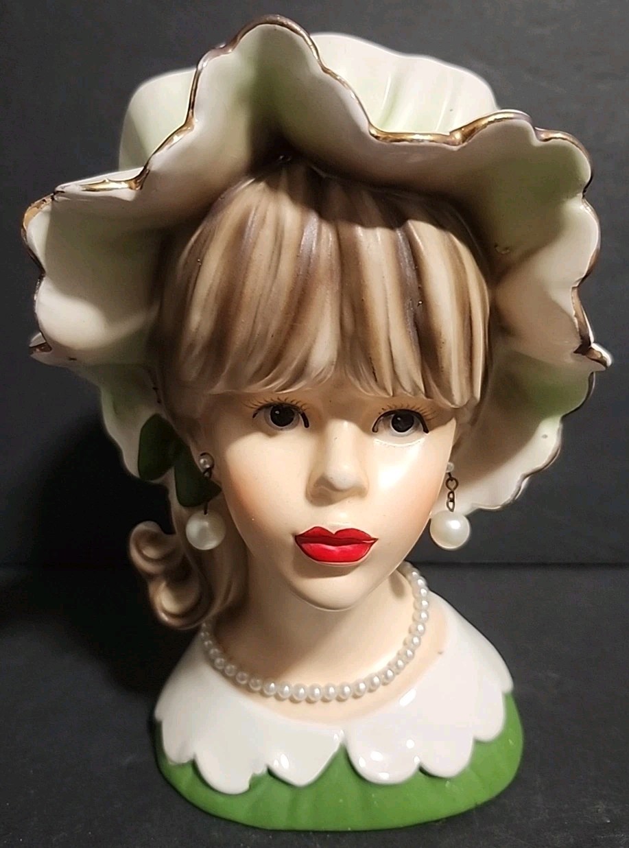 Relpo K1782 Head Vase Teen Lady Green White Hard To Find 2 HAIRLINE CRACKS BACK