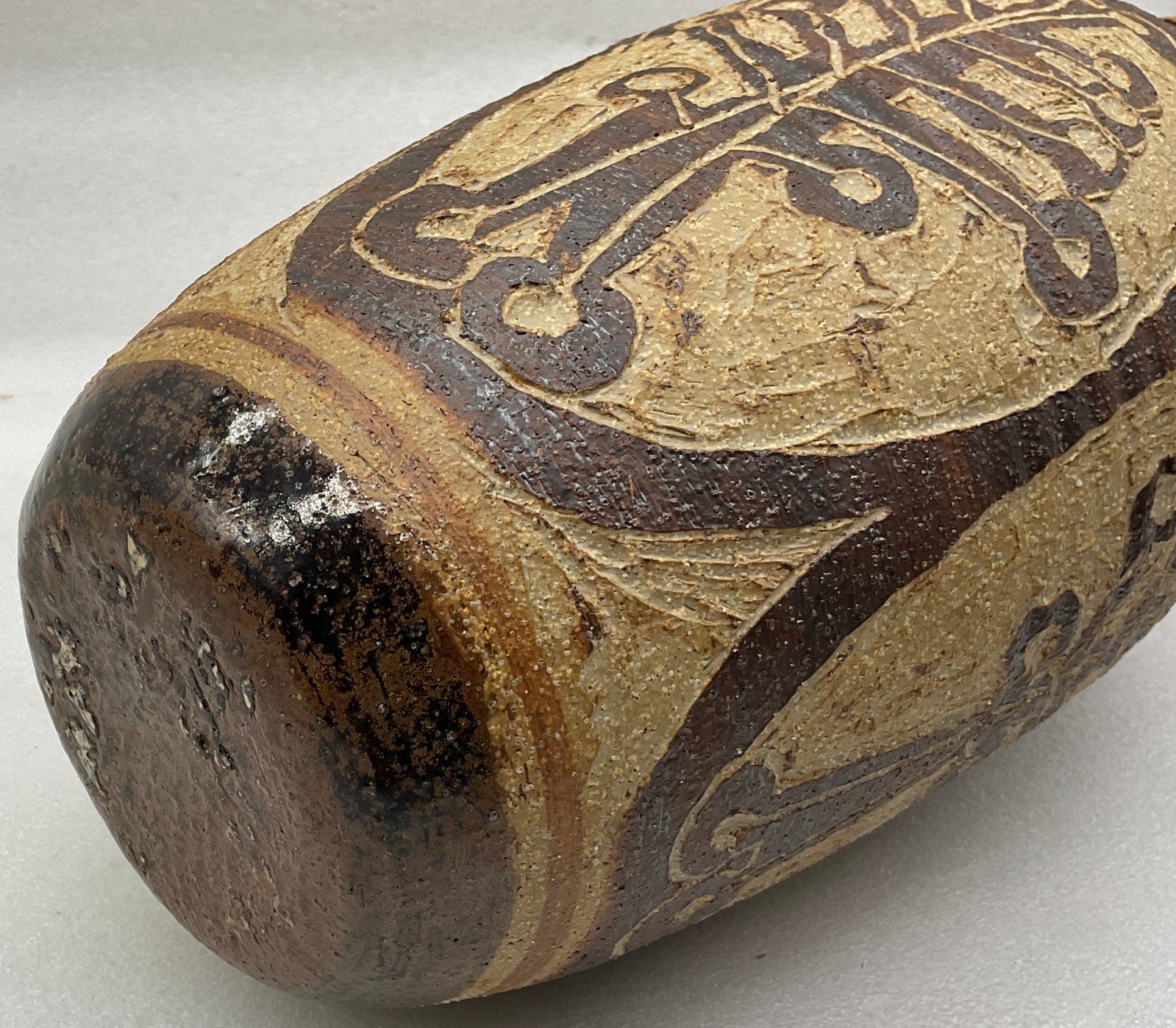 Vintage Art Pottery Brown Textured Vase Signed Christine 10-1/4″ H