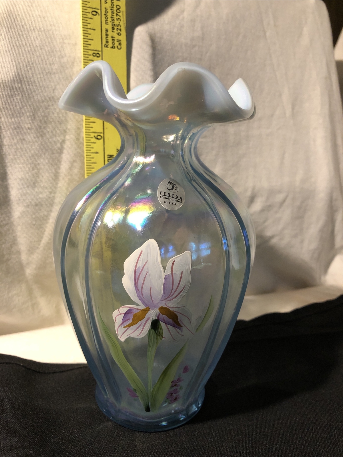 Fenton Vase Blue Opalescent Iridescent Signature Of Bill Fenton NO ORIGINAL BOX