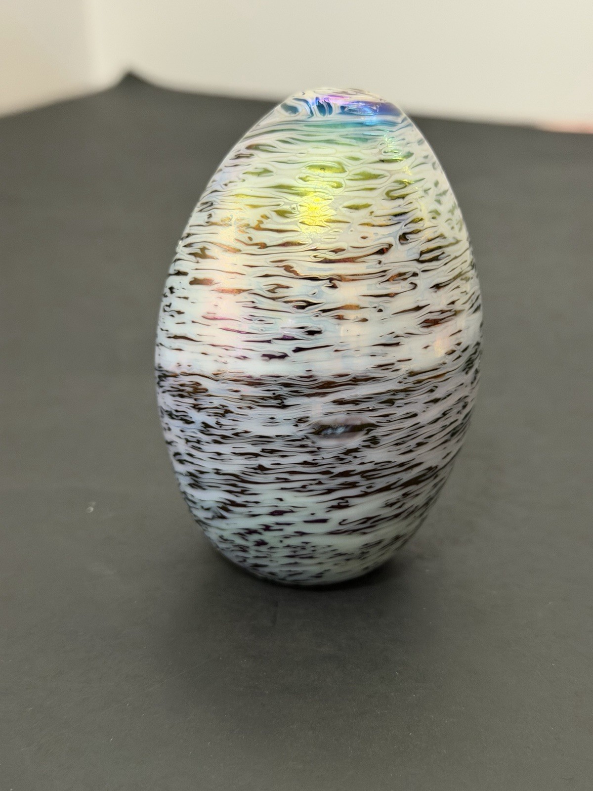 Iridescent Glass Egg Paperweight Swirl Design White/Purple/Blue~Taiwan
