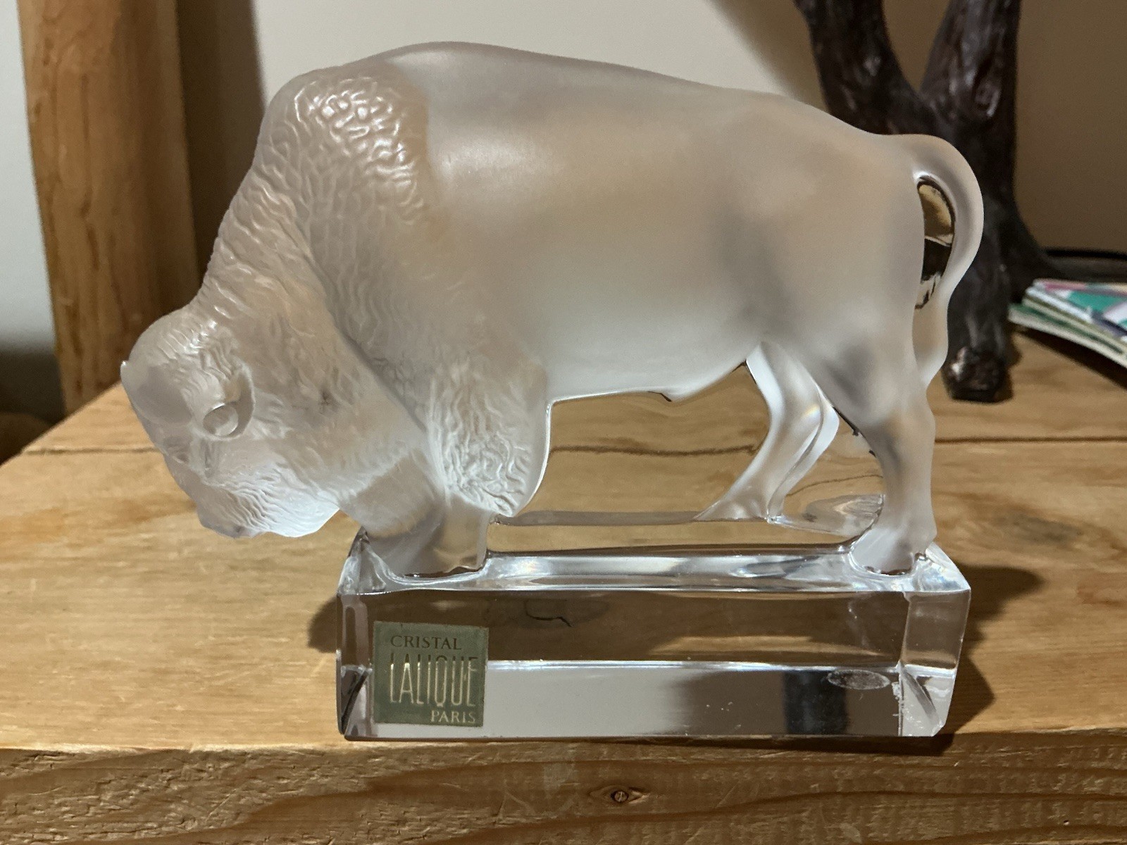 Lalique Paris Clear/Frosted Crystal Glass Buffalo Figurine 5in L x 4in H
