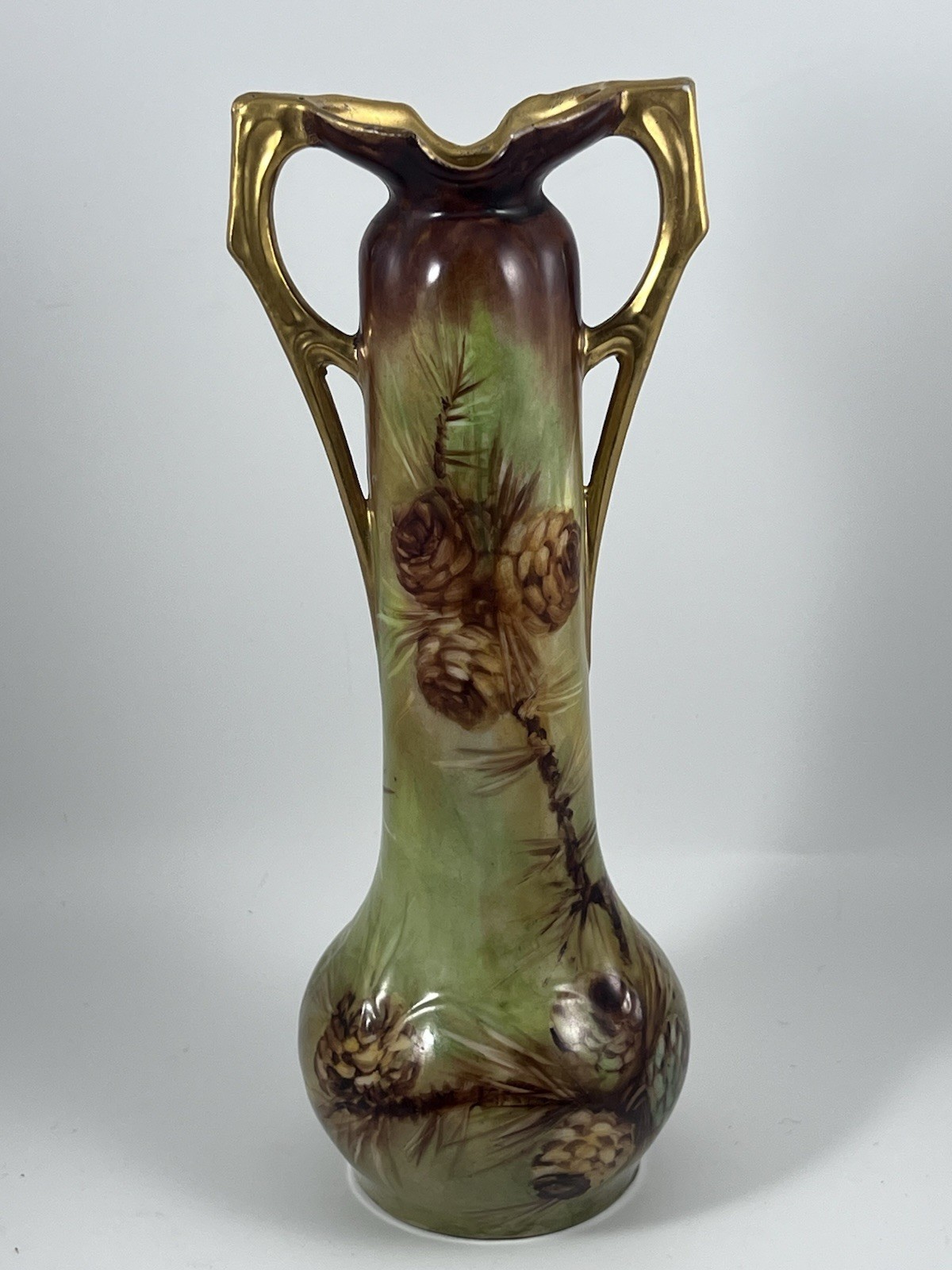 Vintage Pine Cones & Twigs Hand Painted Gold Gilt Bud Vase Germany