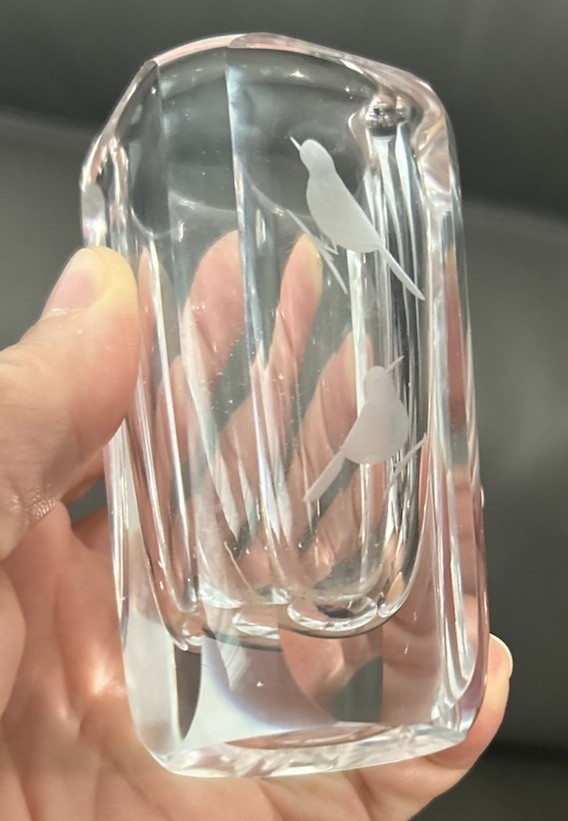 Vintage 3.5” H Lead Crystal Vase 2 Etched Birds On Branches~SIGNED~Heavy~Thick