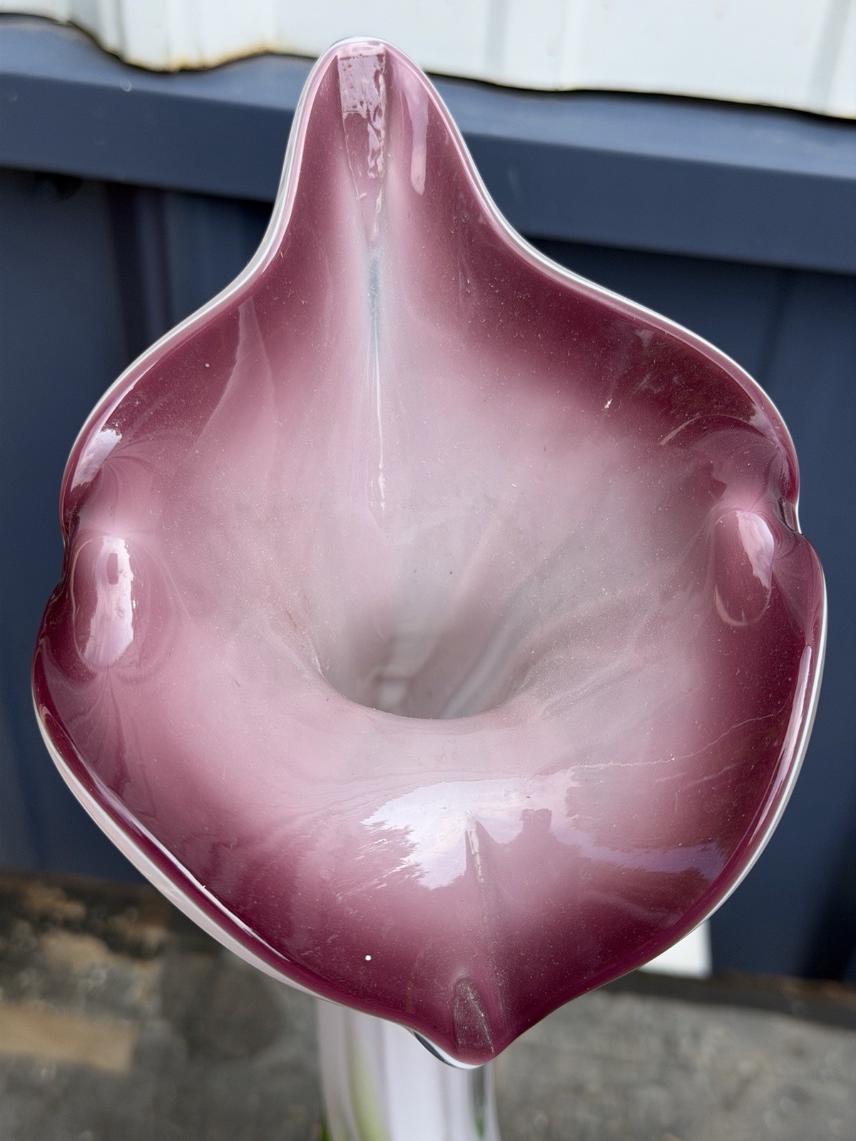 Vintage Cased Art Glass Jack In The Pulpit Vase Green Purple White 12”