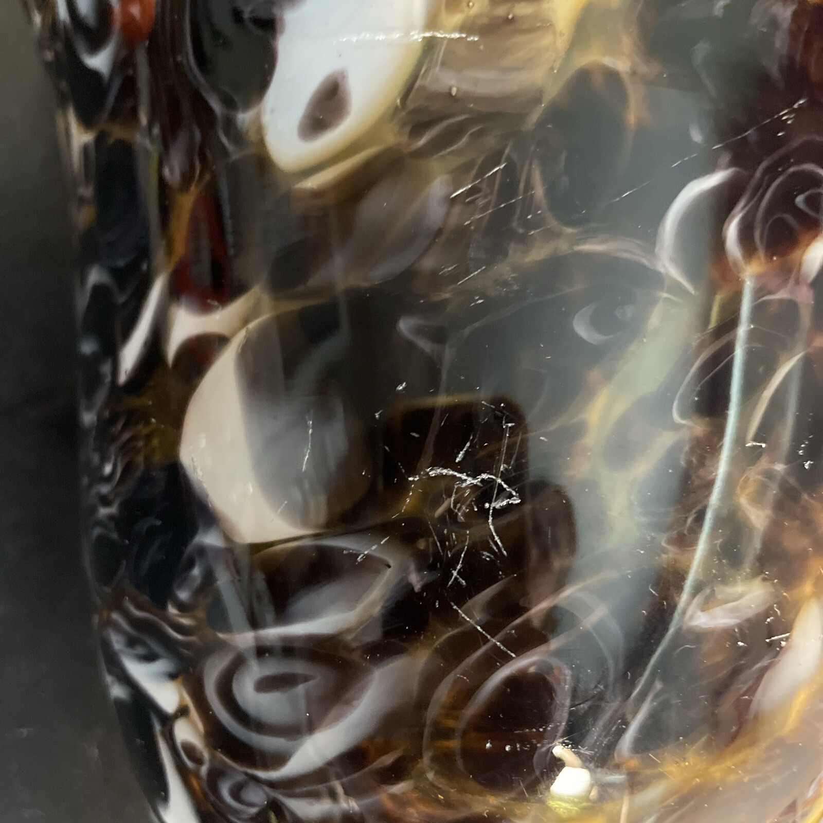 Ruffled Handkerchief Edge Murrhina Vase Brown & White Art Glass 8”