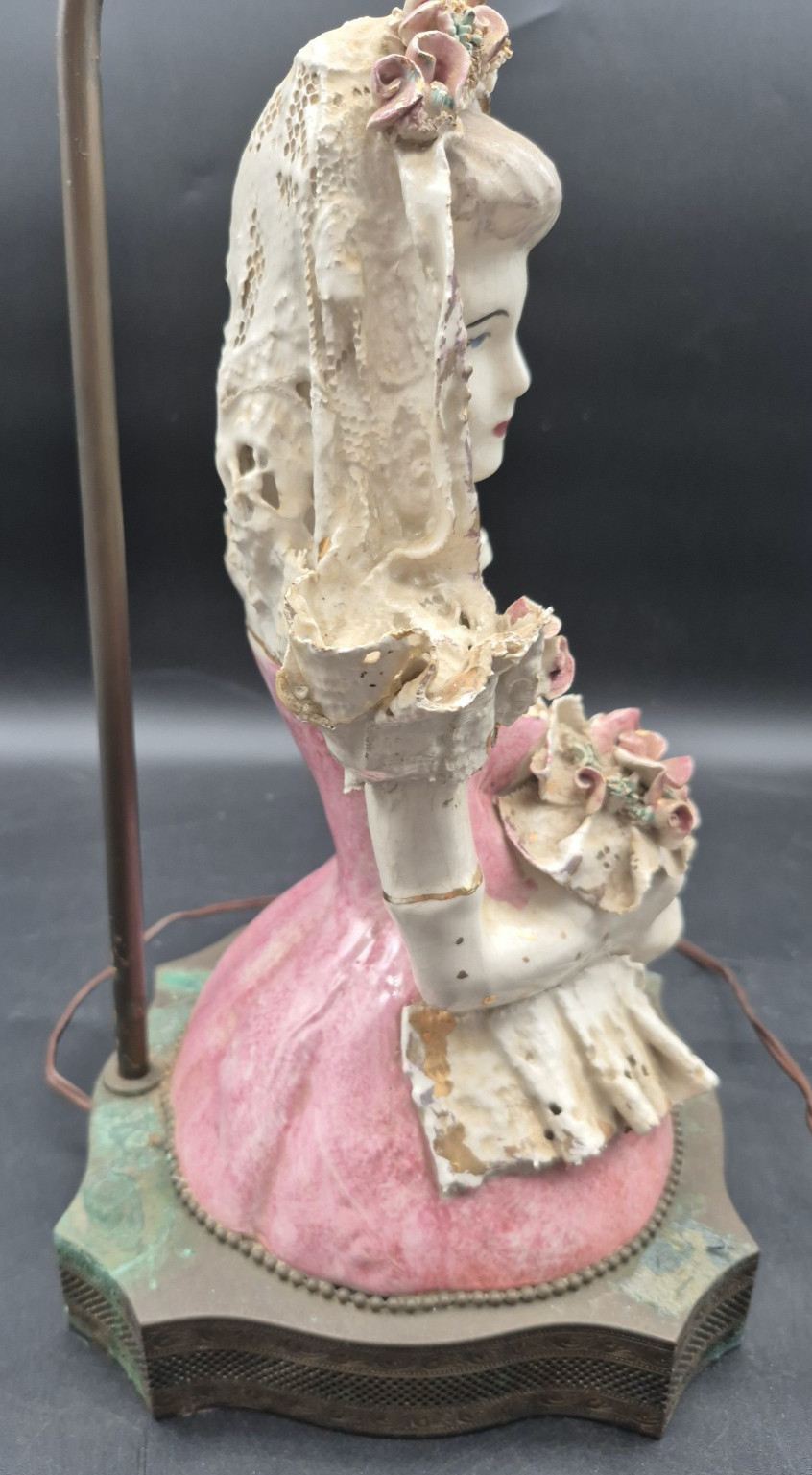 Antique Ceramic lady Figurine Boudoir Lamp Brass Frame 27 1/2″ Tall