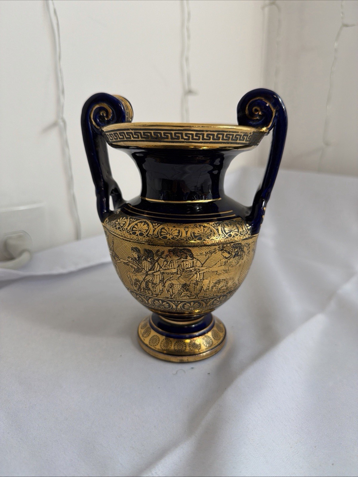 Greek Style Amphora Vase Cobalt Blue Gold Urn Classical Warriors 7” Decorative