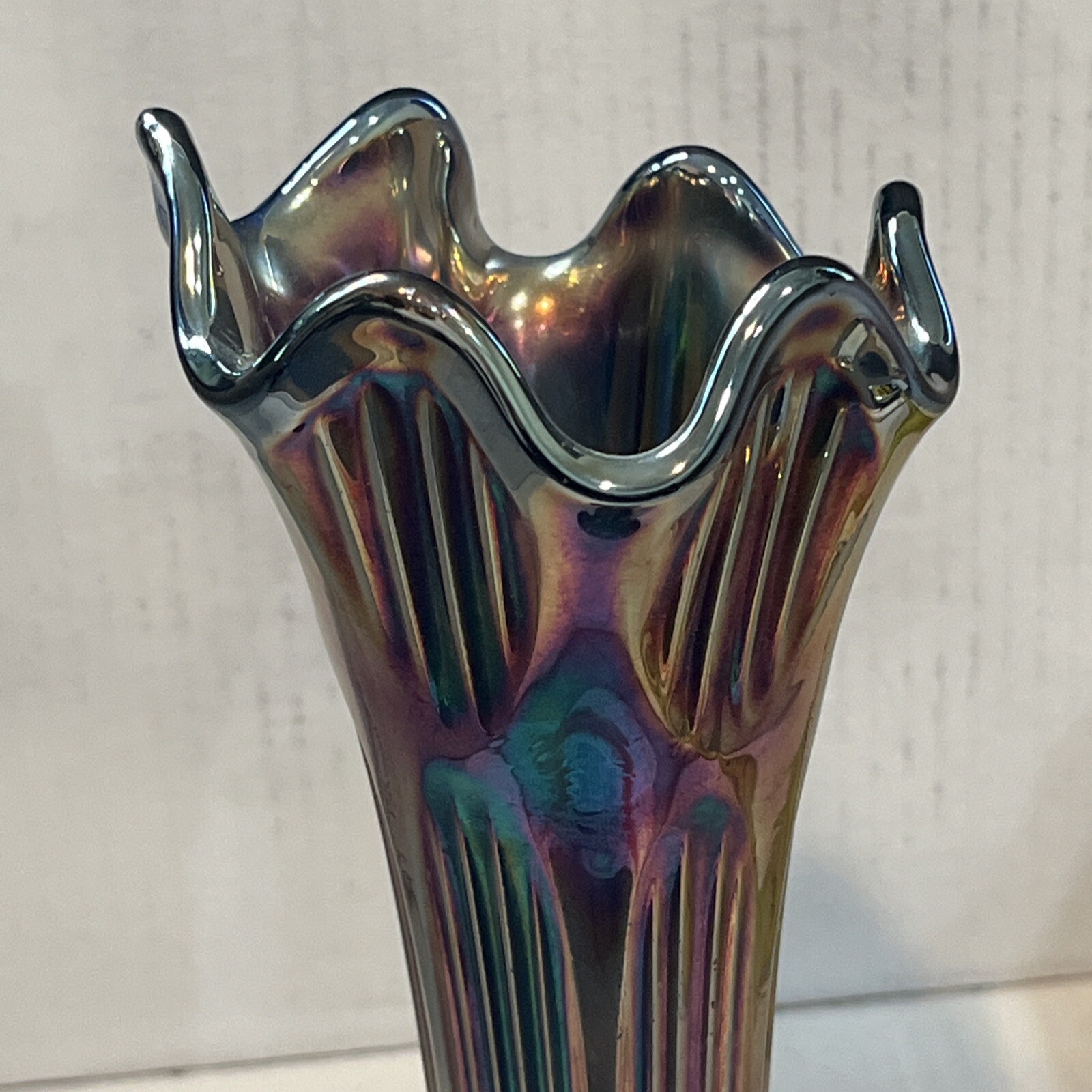 Vintage Fenton Diamond & Rib Cobalt Blue Carnival Glass Swung Vase Apprx 10 3/4”