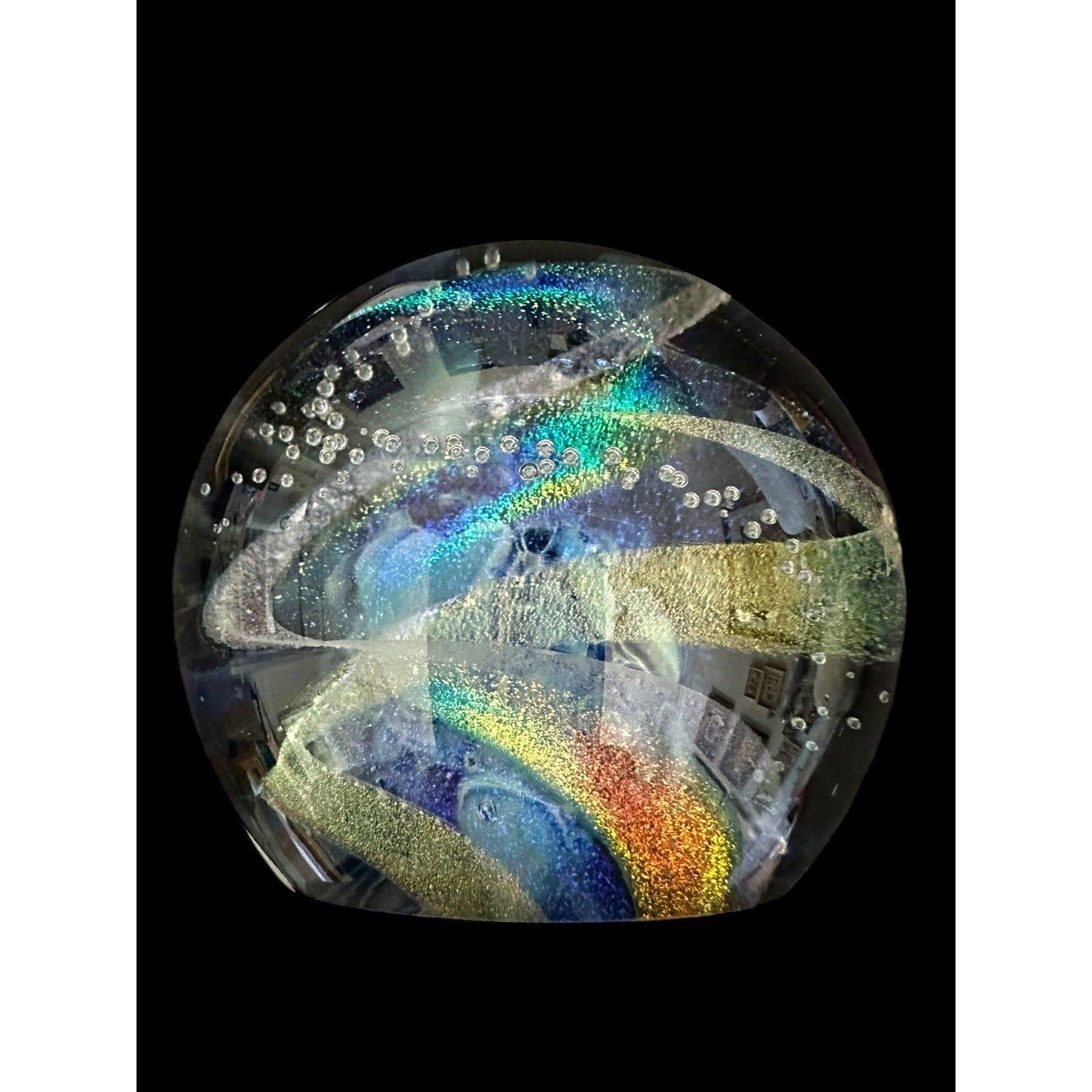 NEW Dark Nebula 4” Orb Blue Nebula of Dichroic Glass and Encased Bubbles Signed