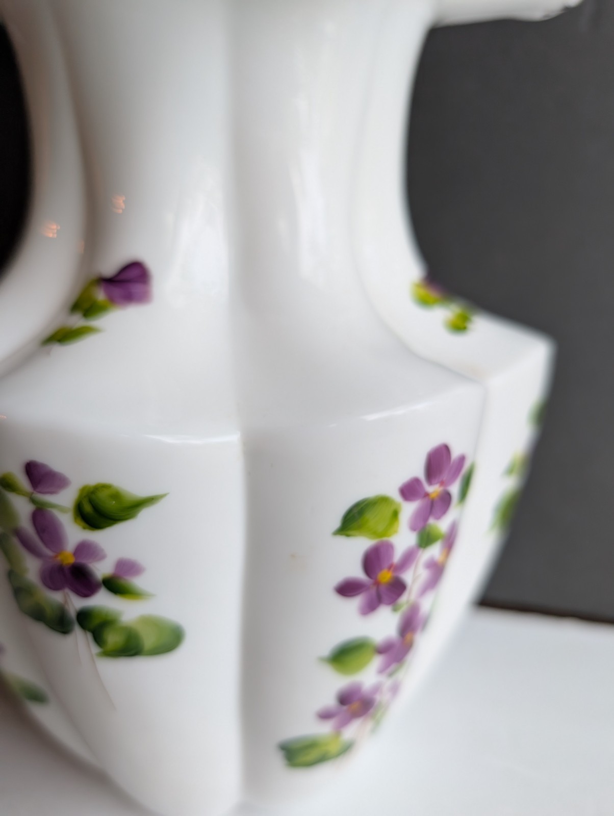 Fenton Silvercrest Hand Painted Violets in the Snow Ruffled Large VaseMilk Glass