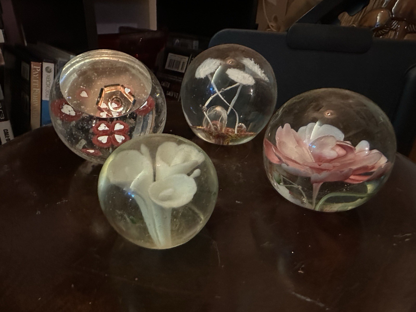 Lot Of 4 Art Glass Paperweights Varied Floral Settings From 1970s and 1980s