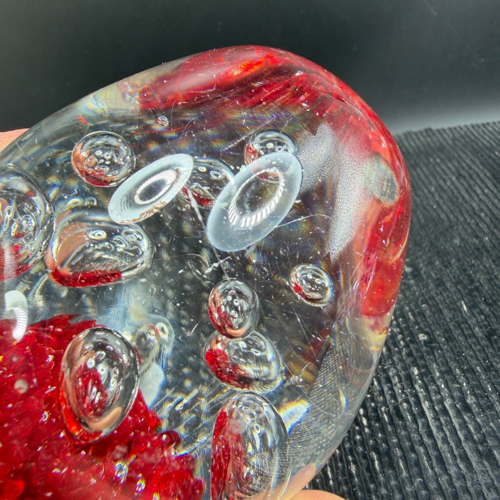 Art Glass Paperweight Egg Controlled Bubble Red Fritted Base 3 Inch Desk Decor