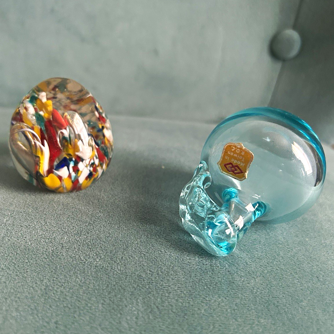 2 Small Glass Paperweights Confetti Dome (India) & Blue apple/plum/pear( Taiwan)