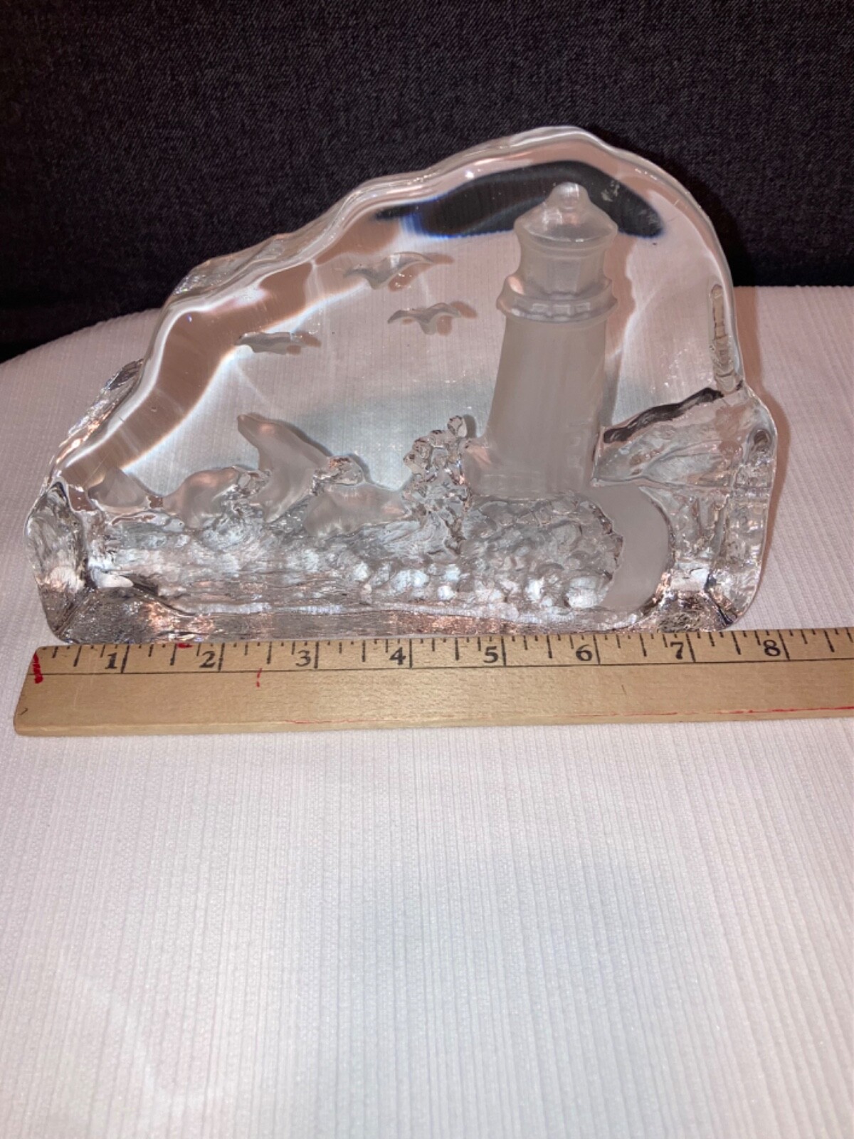 Glass Reverse Relief Etched Sculpture Decor Lighthouse Seascape Dolphins GIFT