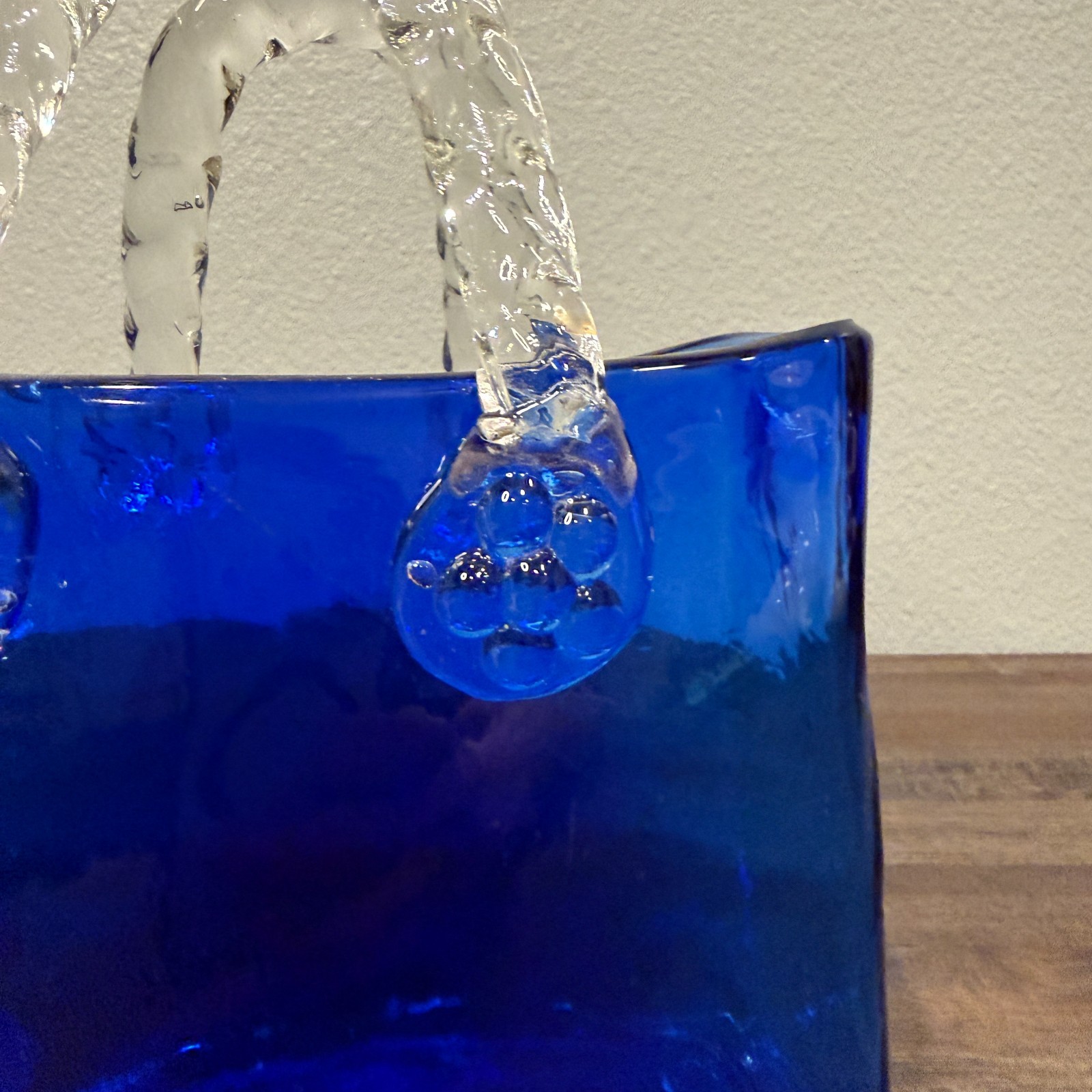 Vintage Cobalt Blue Blown Glass Purse Handbag Bag Vase, Clear Swirl Handles