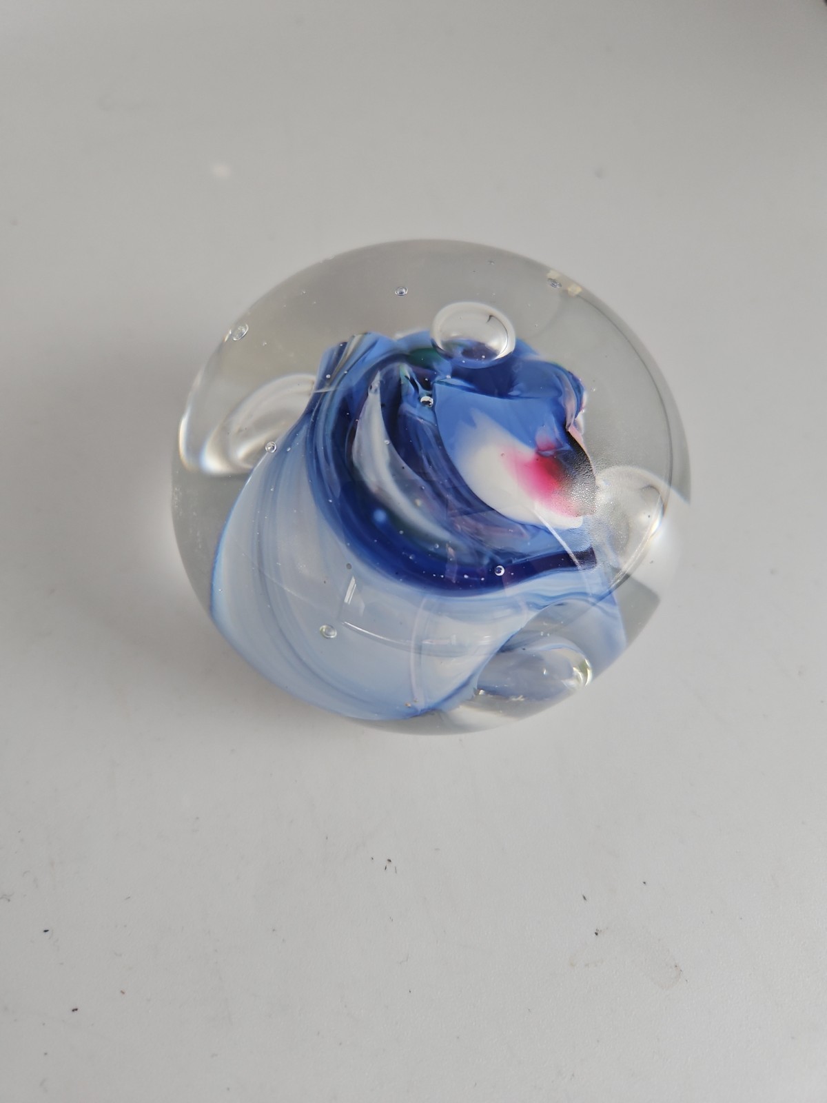 Rollin Karg Art Glass Signed Paperweight Blue Disc Dichroic Sphere Spaceship