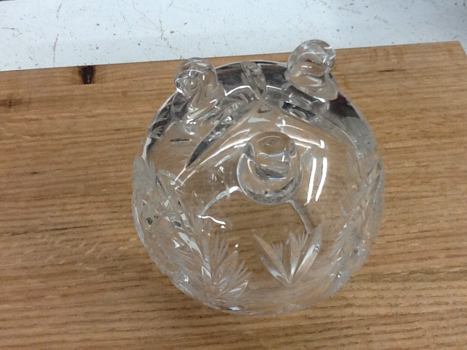 Vintage Hand Cut Lead Crystal 3 Footed Rose Bowl Whirling Star Pinwheel Pattern